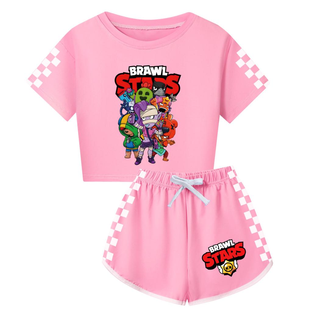4094 Kids Girls Brawl Stars Print Short Sleeves T-Shirt Shorts Pants Sport Clothes Set