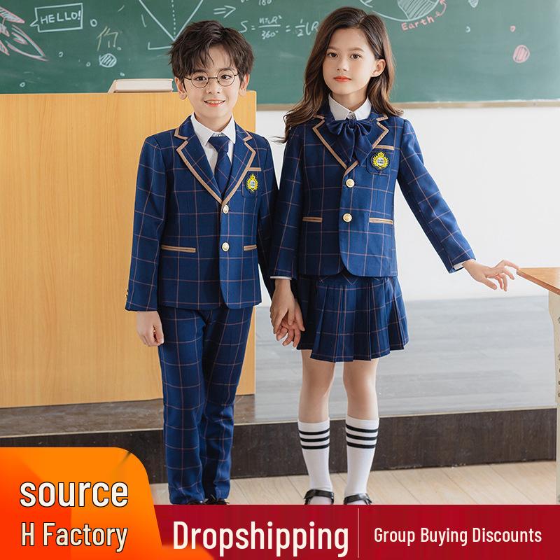 Plaid British Style Girls' Uniform Set for Kindergarten & Elementary School