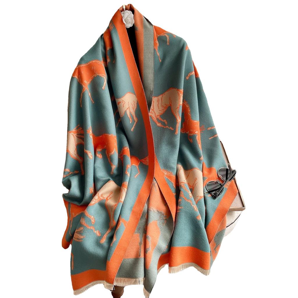Elegantní podzimní a zimní univerzální šála s žakárovým vzorem koní z imitace kašmíru Dámská krátká třásňová cestovní venkovní teplá šála
