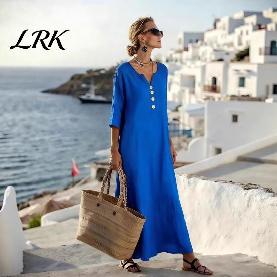 Comfortable Summer Dress Loose Maxi for Women, 3/4 Sleeve Button Up Everyday Wear V Neck Casual Long Dress, Flowy Beach Sundress Fit