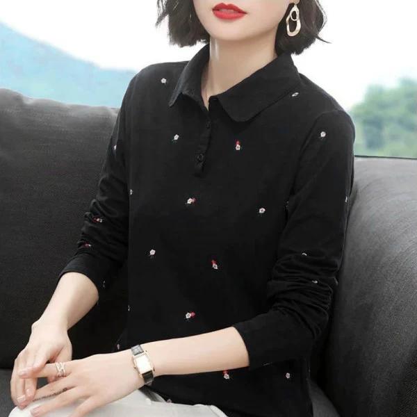 POLO Shirt Long Sleeved T-shirt Women's Loose Plus Size Mom Outfit Spring T-shirt Slimming Top Base Shirt