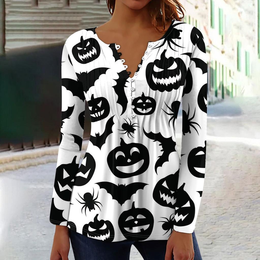 Dames Vår Høst Plissert Knappelukking Krage Halloween Trykk Langermet Topp
