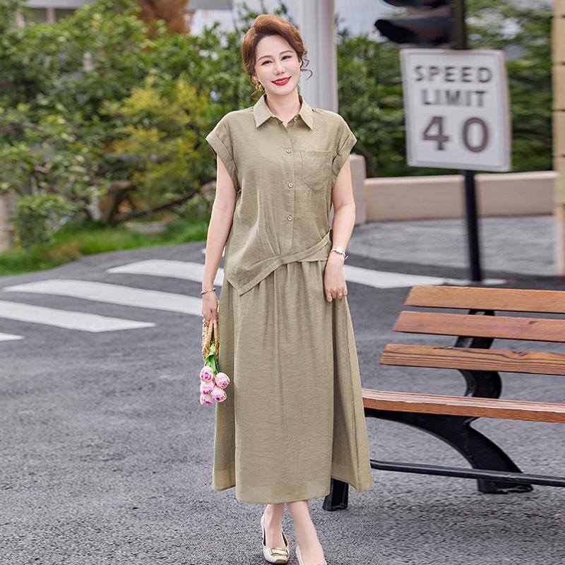 Summer 2026 Fashion: Mom's Short Sleeve Top & Stylish Skirt Set for Middle-Aged and Elderly