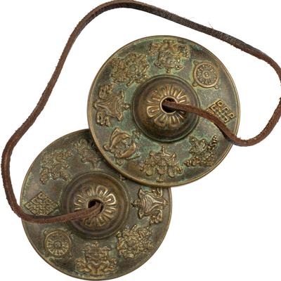 DANNY LIB Tingsha Bells, Vintage Bronze, Blue-Green, Eight Treasures Auspicious Design, for Purification, Yoga, Meditation, Sound, Rama Cymbal, Tibeta