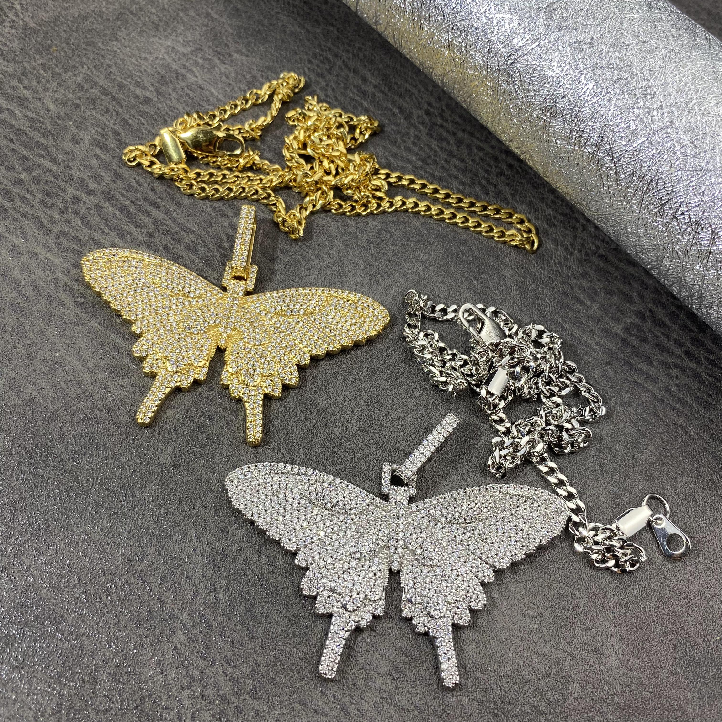 Hip Hop New Zircon Butterfly Pendant Fashion Silver Butterfly Pendant Sweater Chain pendant