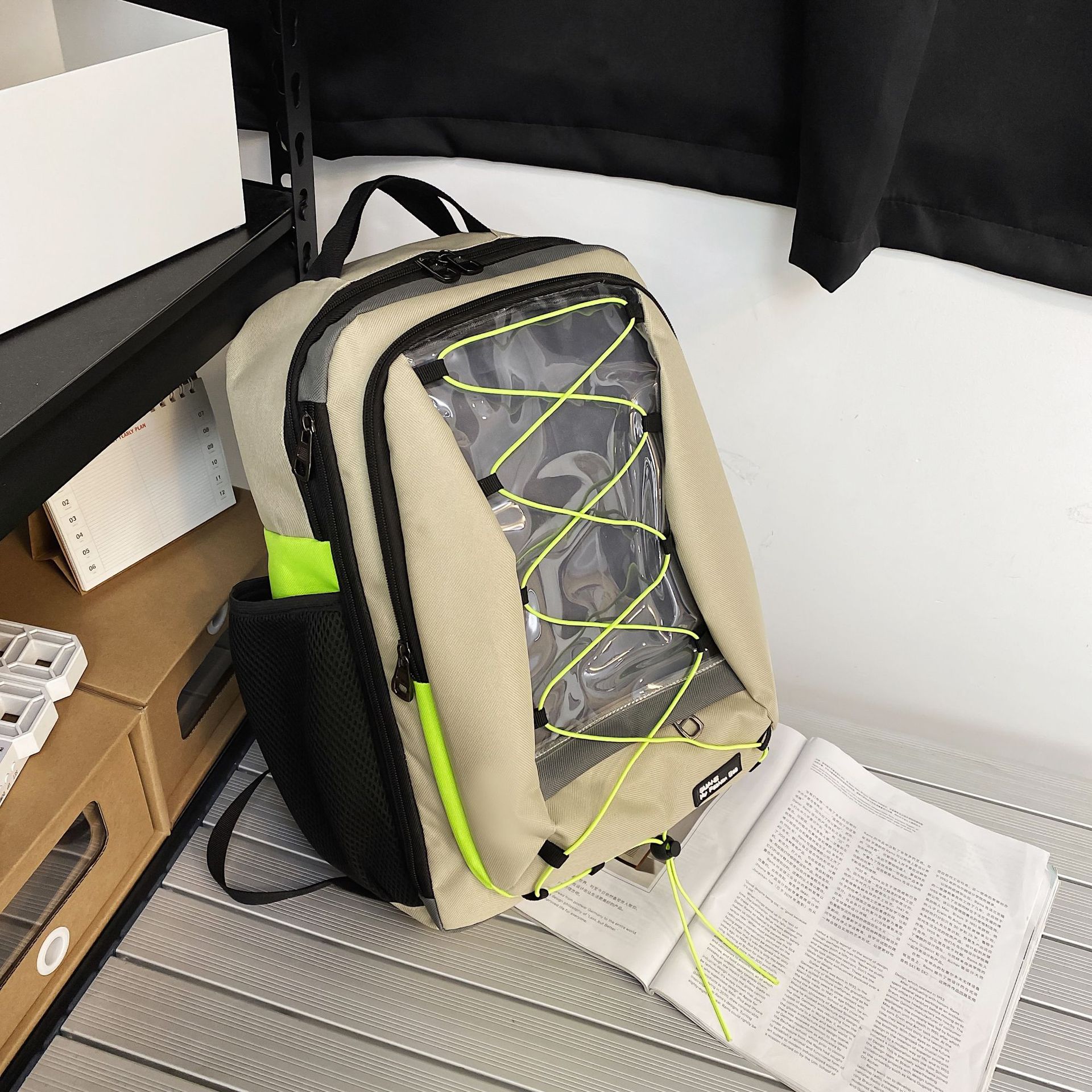 

Нова корейська версія модного тренду великої місткості парний рюкзак на шнурках персоналізований прозорий ПВХ студентський шкільний ранець хакі