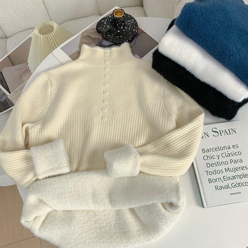 

Вязаный свитер с длинным рукавом и полуворотником-гольф из флиса, осенне-зимний базовый топ One size fits all [recommended 80-60kg] абрикосовый