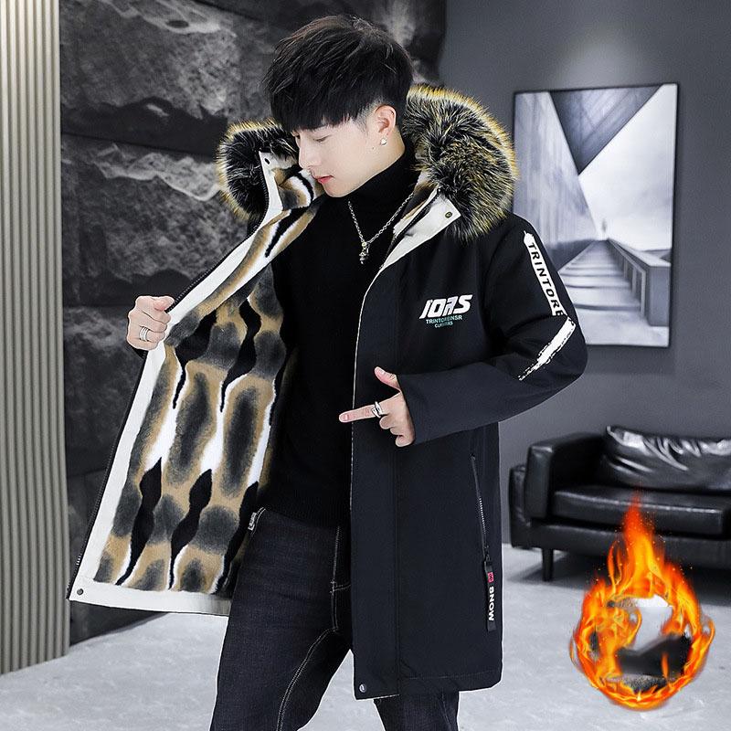 Men's Long-sleeved Hooded Mid-length Cotton-padded Velvet Thickened Cotton-padded Jacket for Teenagers Men Warm Parka Cotton Jacket