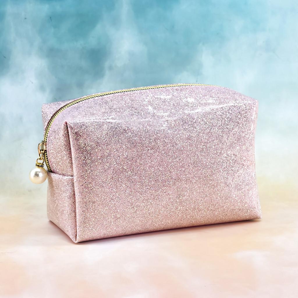 Pvc Glitter Makeup Bag With Character Print For Girls Travel And Storage Pink