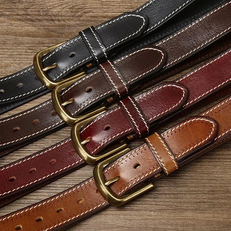 3.8CM Pure Cowhide High Quality Genuine Leather Belts for Men Korean Version Strap Male Brass Buckle Fancy Vintage Jeans Cowboy