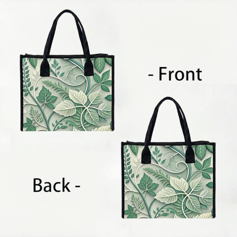 Elegant Green Leaf Print Daily Tote Bag for Outdoor Shopping Commute Casual Portable Handbag