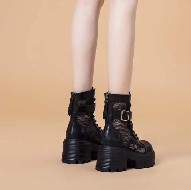 Fashion 9CM Air Mesh Patent Leather Boots Chimney Hollow Ankle Booties Women Moccasins Summer Motorcycle Sandals Fashion Shoes Sandals