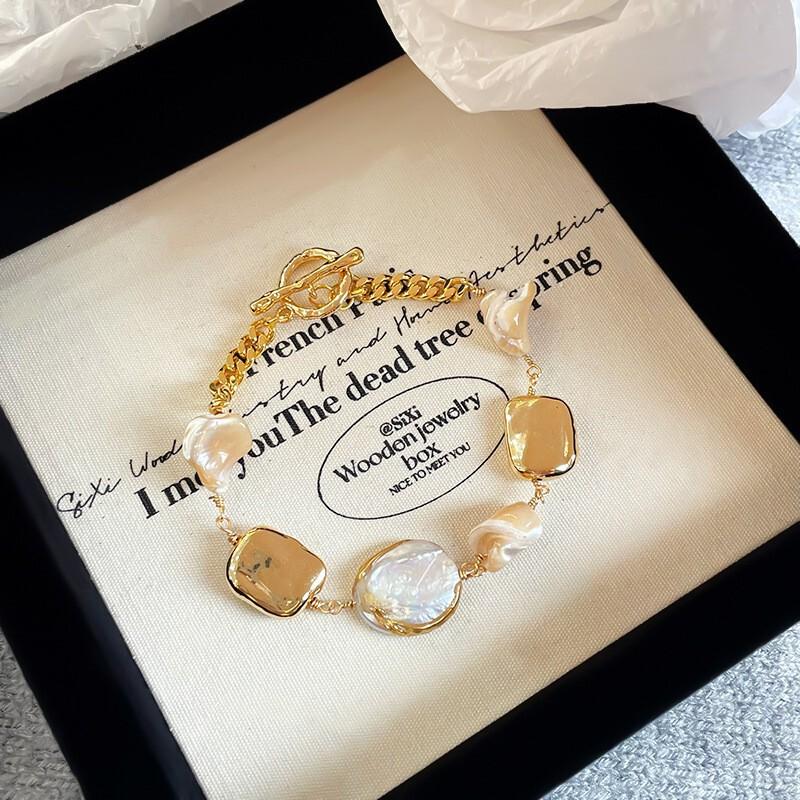Elegant Freshwater Pearl Bracelet With 18K Gold Plated Copper Chain Baroque Geometric Design Women Handmade Jewelry Irregular Baroque Pearl: NL02837B-J