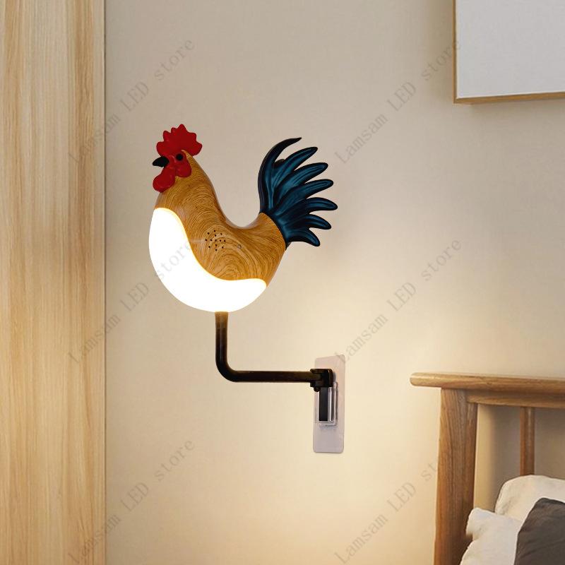 LED Rooster Wall Light USB Rechargeable Cordless Cock Lamp Decorative Animal Lightings for Corridor Living Room Foyer Bedroom