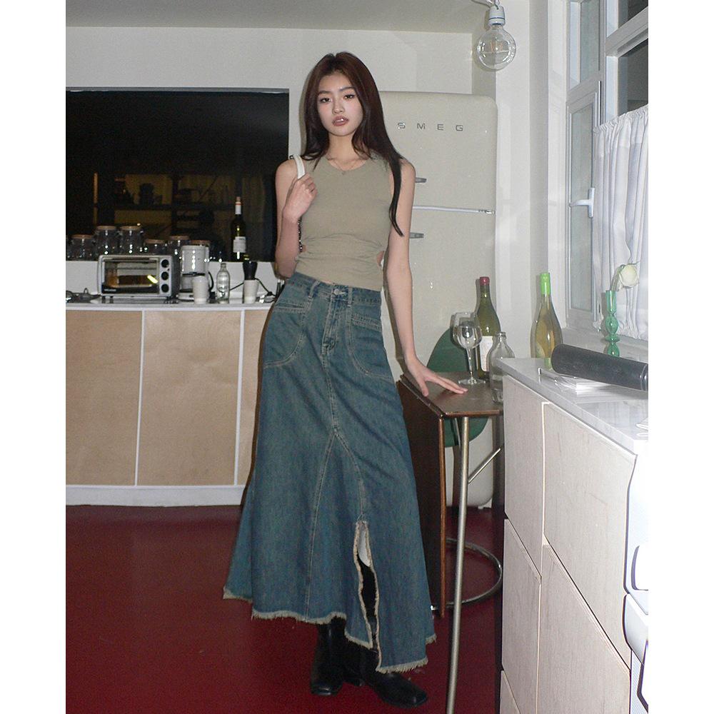 2026 Spring/Summer Women's Frayed Hem Irregular Slit Denim Long Skirt