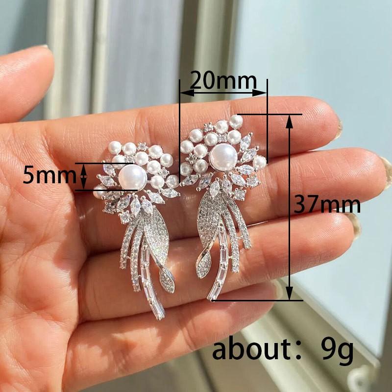 Elegant Floral Drop Earrings With Imitation Pearl Zircon Accents Long Tassel Design Women Gold Tone Copper Jewelry