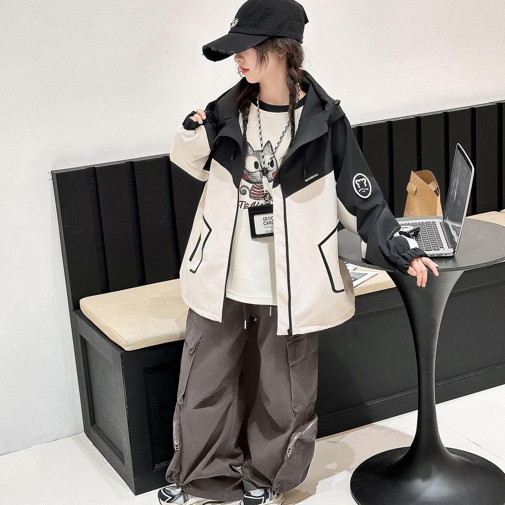 Girls' Color Block Hooded Windbreaker - Casual Spring/Autumn Jacket for Big Kids