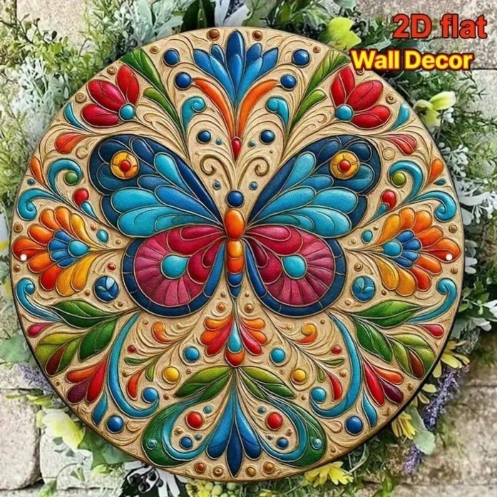 Metal Wall Art Butterfly Flower Painting, Round 8x8 Inch Tin Sign for Living Room Decor
