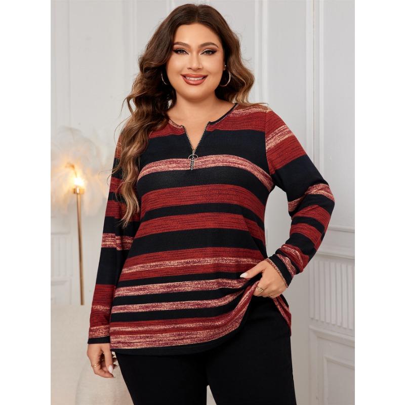 

Большой размер женский новый осенний круглый вырез в полоску топ 4XL кирпич красный