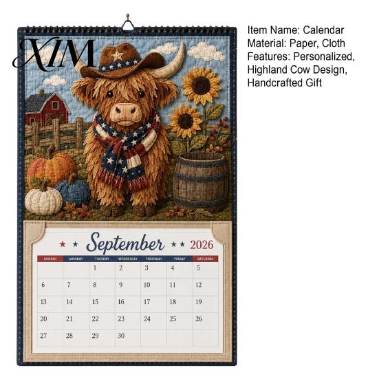 Crafting Project for Adults Highland Cow Farmhouse Calendar DIY Kit 12 Months, Handmade Rustic Theme Craft Set Paper And Cloth Set, Home Office Decor