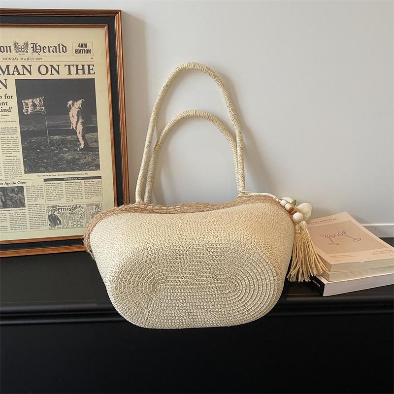 Woven Straw Tote Bag with Beaded Tassel and Open Top Design for Summer Beach or Casual Daily Use