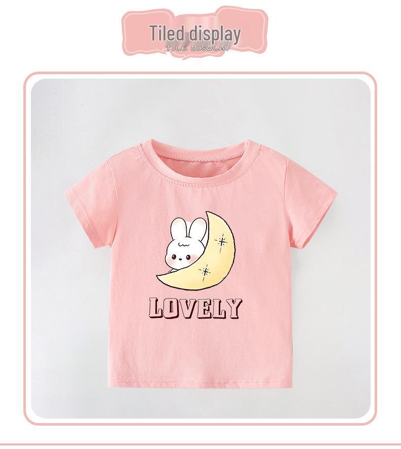 European Style Girl's Summer Cartoon Print T-shirt - Round Neck, Short Sleeve for Kids