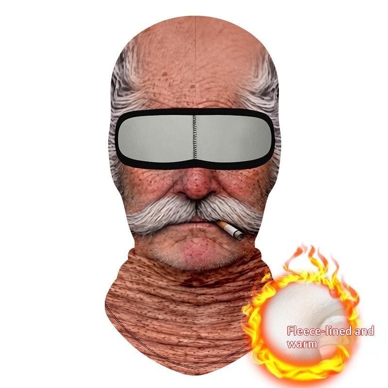 Maschera Facciale Traspirante a Copertura Totale con Stampa 3D di Vecchio, Fori per gli Occhi Bianchi, Baffi Bianchi, Maschera da Sci Elastica con Cappuccio