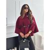Solid Color Waist-Tied Wool Cape Coat