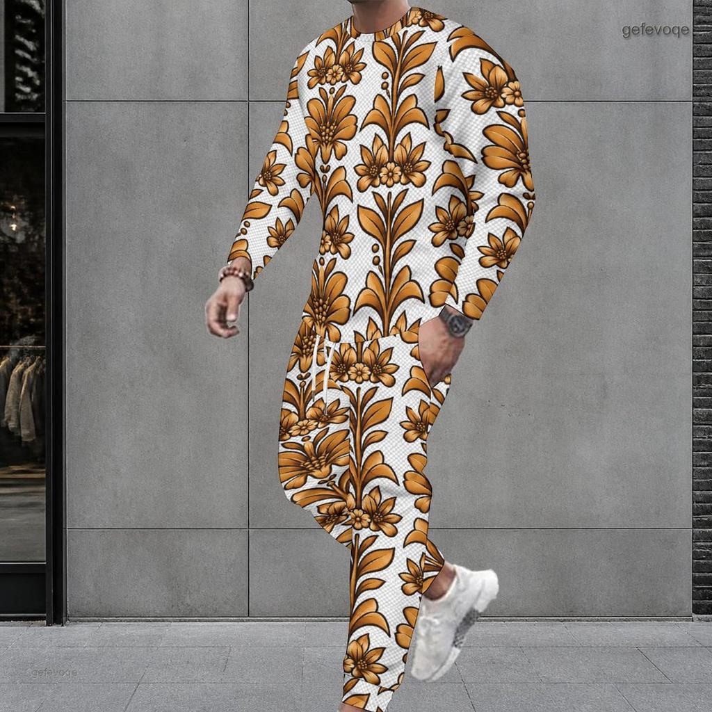 Men Plus Size Bamboo Stripe Printed Round Neck Long Sleeve Top And Cuffed Pants Two Piece Set