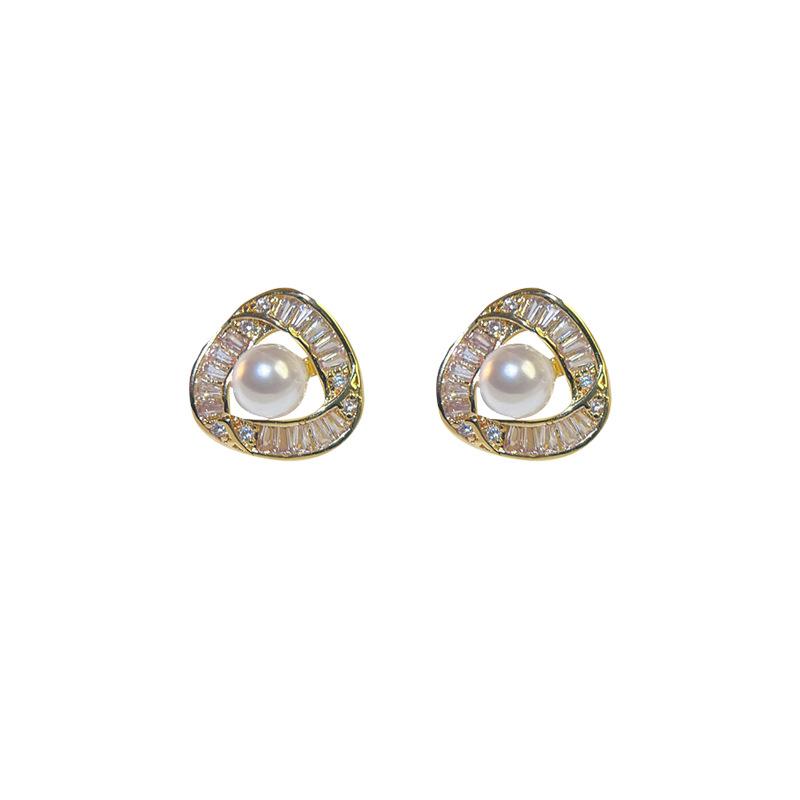 Sparkling zircon square earrings light luxury high-end pearl stud earrings simple commuting temperament ear clips no ear piercings ins