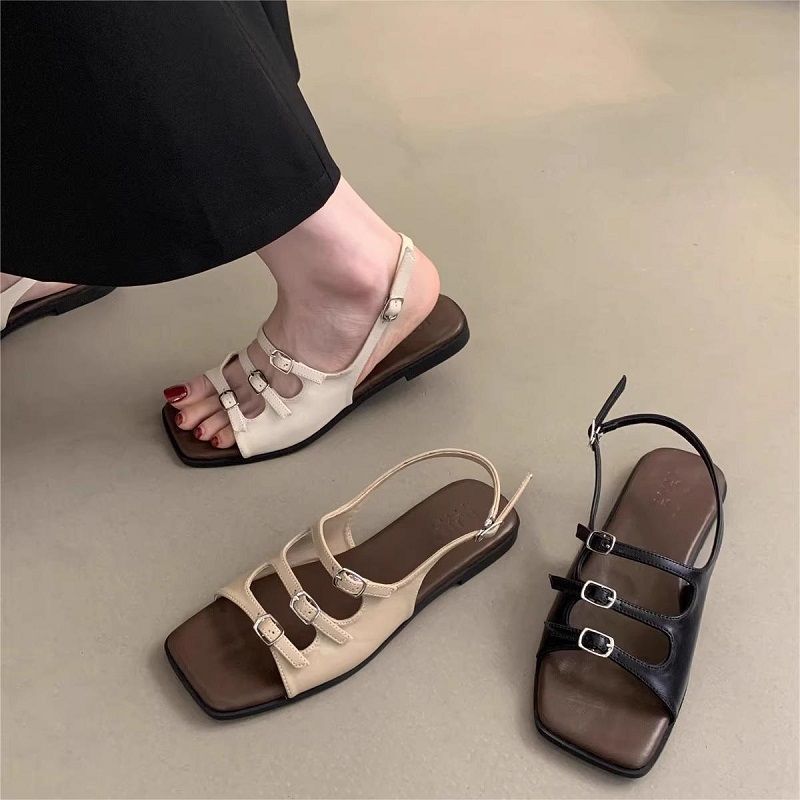 Französische High-End Sandalen mit offenen Zehen, flacher Sohle, weicher Sohle, Ein-Wort-Gürtelschnalle, Römersandalen, Damen-Sommerbekleidung, vielseitig