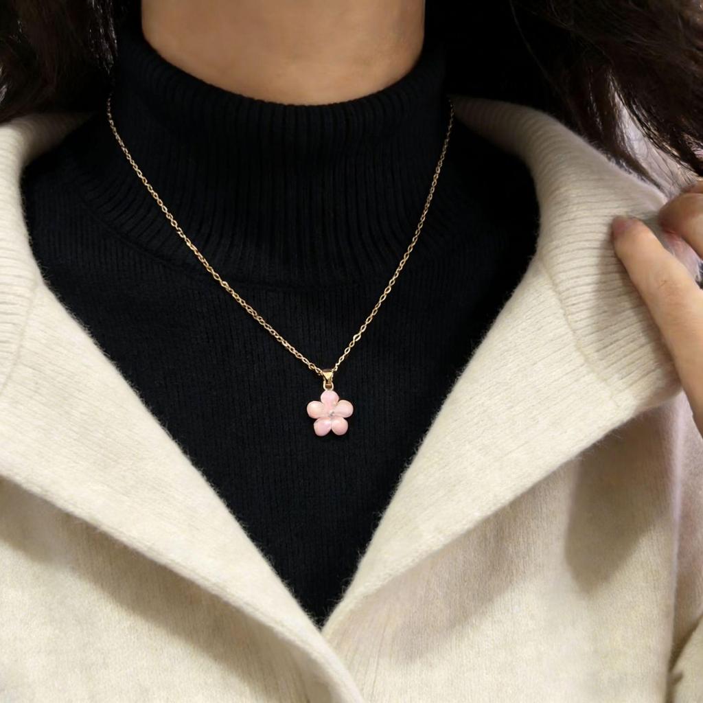 Hyuna-Style Sakura Enamel Alloy Pendant Necklace