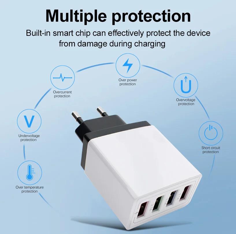 1PCS 5V USB Charger 4 Ports Fast Charging 3.1A Wall Charger For Xiaomi iPhone 15 Samsung US/EU Mobile Phone Plug Travel Charger