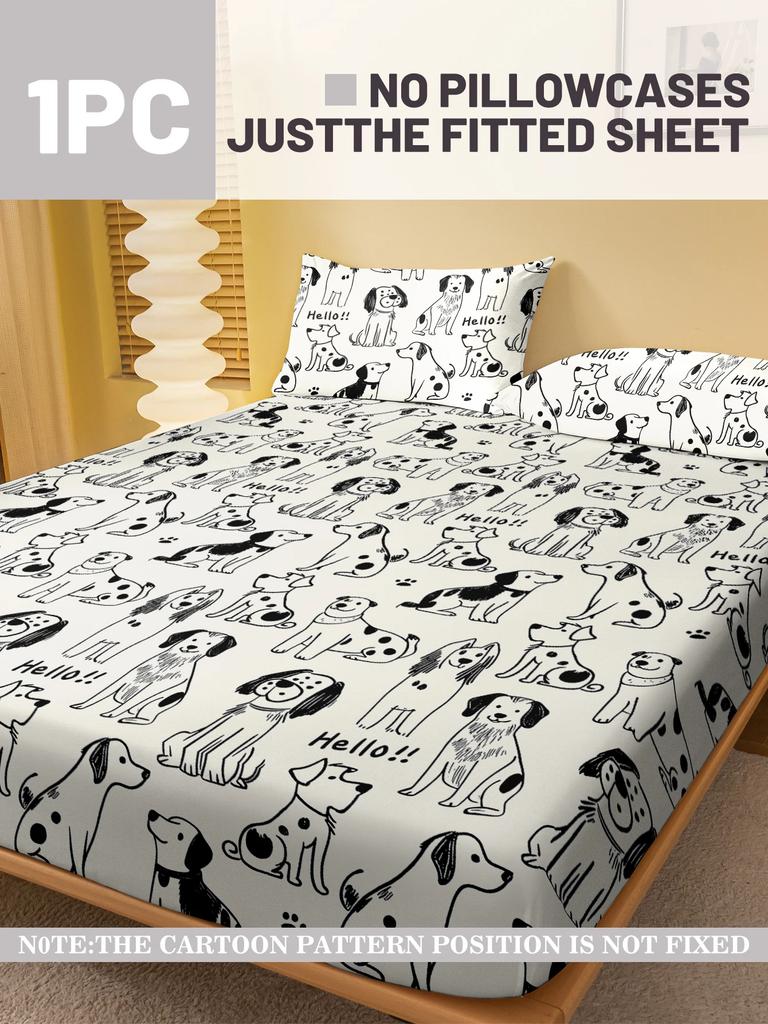 1 Cartoon Cute Animal Dog Printed Matte Fitted Sheet, Bedroom Printed Bed Cover, Bedding (Excluding Pillowcases)
