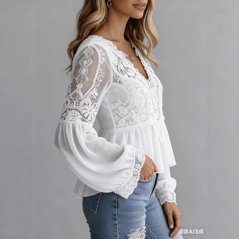 Elegant Lace Splice Hollow Out Fashion Blouse Women V Neck White Shirt Long Sleeve Sweet Casual Loose Tops Ladies Ruffled Pleated Simple Clothing
