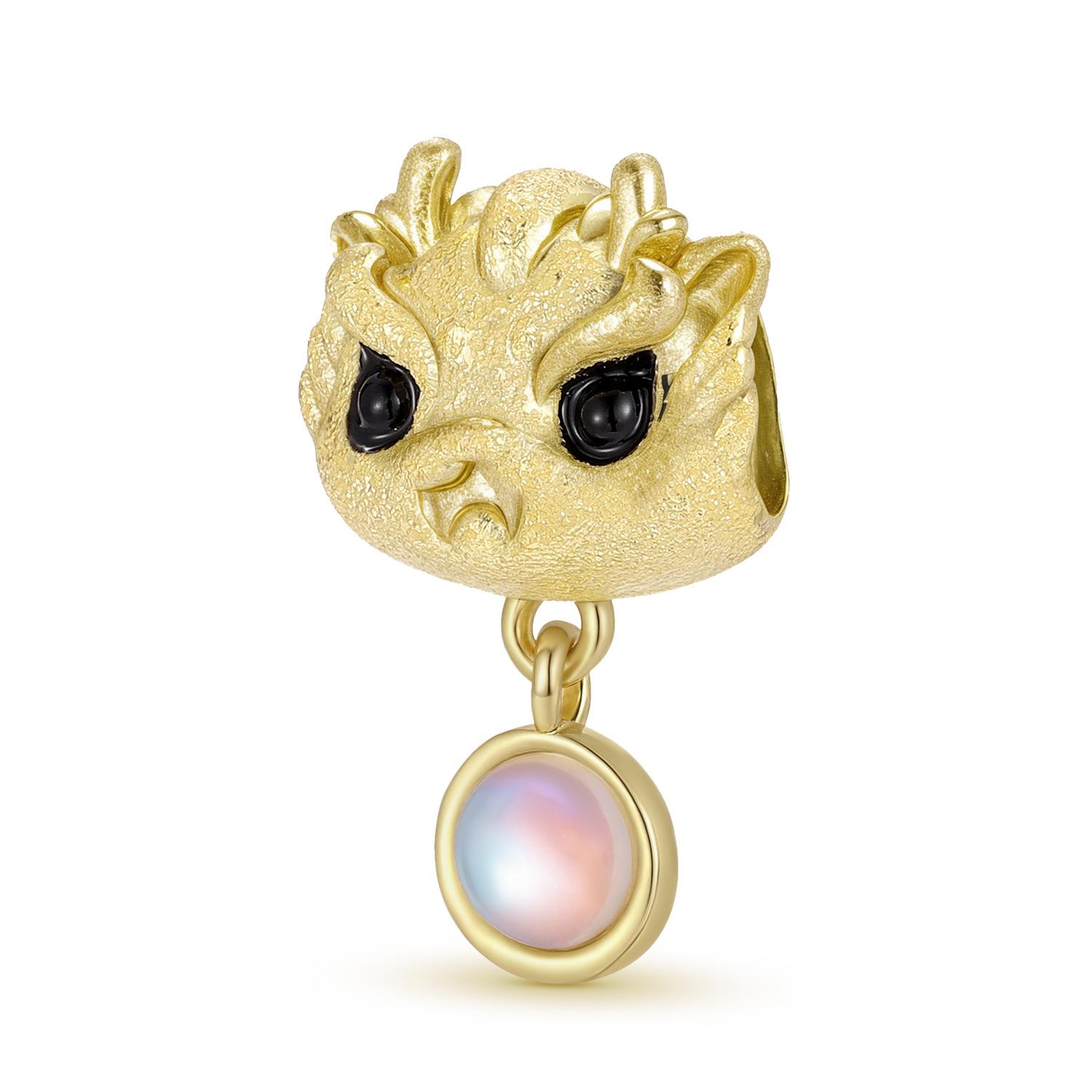 S925 sterling silver electroplated 14k gold beaded gold dragon inlaid moonstone bracelet DIY jewelry accessories large hole beads S925 sterling silver