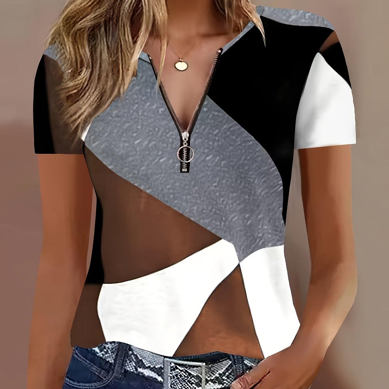 Color-block Quarter-zip T-shirt, Summer Casual Short-sleeve T-shirt, Women s Clothing S
