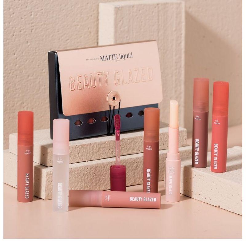 BEAUTY GLAZED - Set mit 8: Matte flüssige Lippenstift + Lippenöl + Lippenbalsam