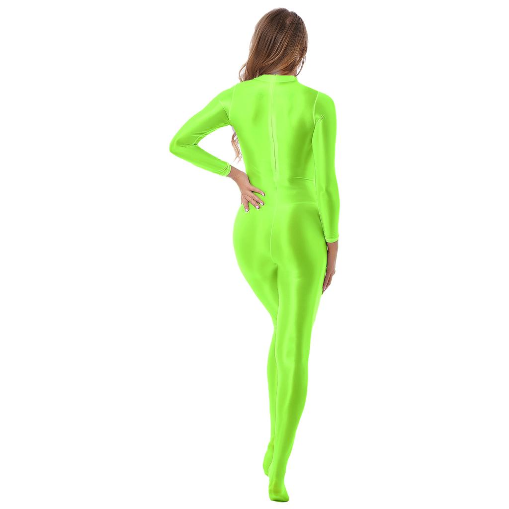 Womens Mock Neck Zipper Back Bodystocking Glossy Full Body Long Sleeve Sportswear Nightwear