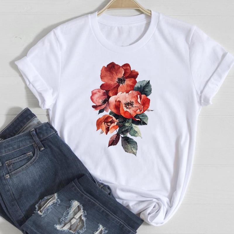 (European Size) 90s Cute Women Print Tee Flower Trend Trend Sweet Top Clothing Fashion Tshirt Lady Female Casual Short Sleeve Graphic T-shirt