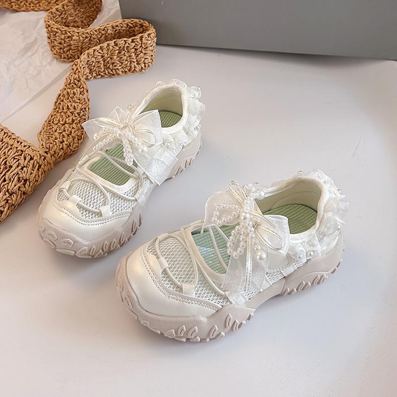 

Girls Pearl Bow Princess Sneakers2026New Summer Mesh Hollow Solid Color Sports Sandals Trendy 23Inner Length14.9cm бежевый