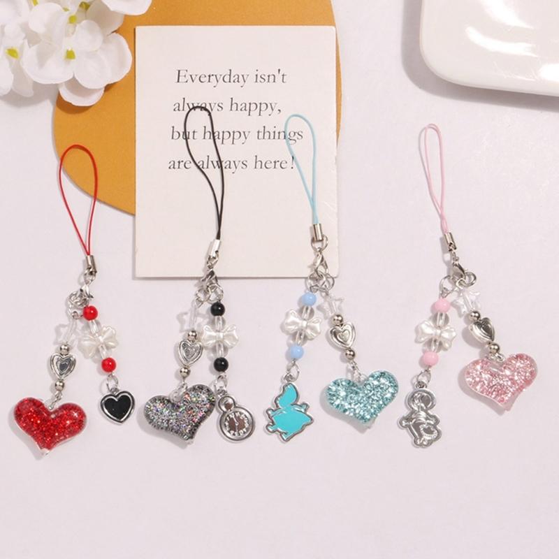 Sweet Cool Sparkling Heart Phone Charm Straps Car Keys Hanging Pendants Bag Decoration Lanyard Purse Accessories
