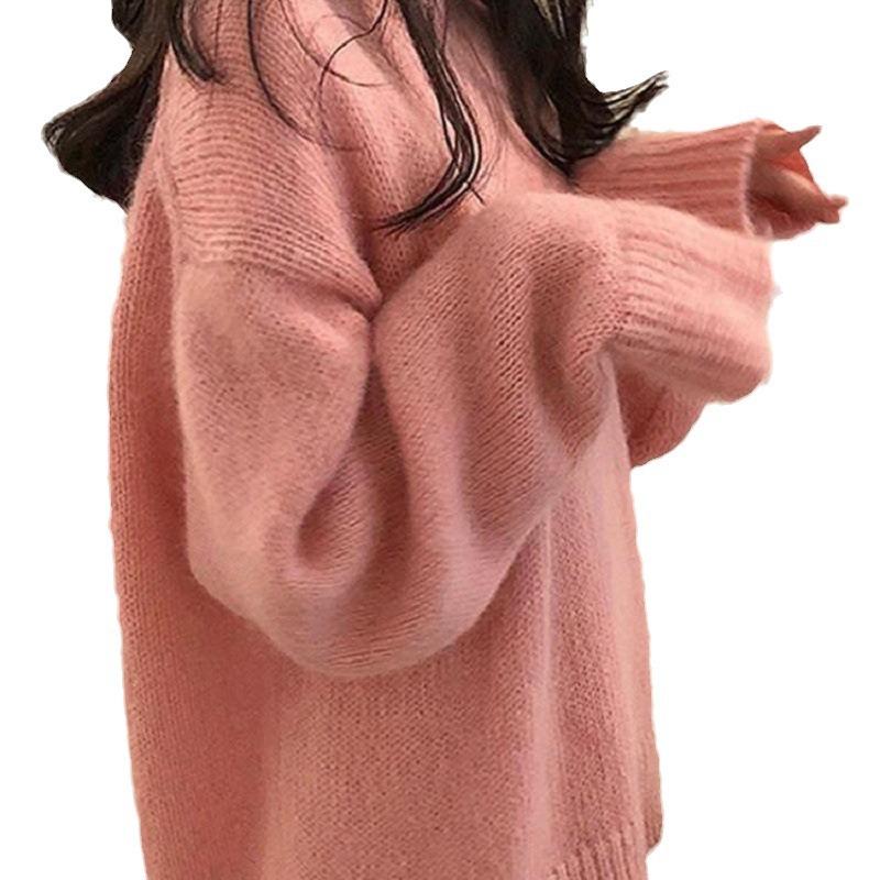 Retro loose pullover sweater women's lazy style casual versatile autumn women's solid color crew neck sweater