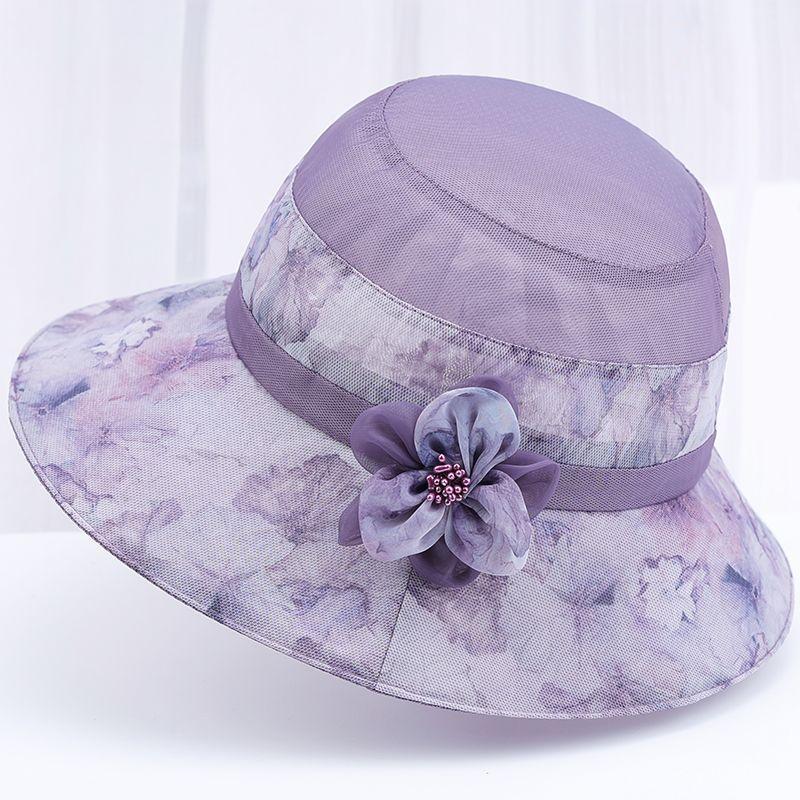 Sonnenhut für Damen mit Blumendruck und handgefertigtem Blumenakzent, Frühlings- und Sommer-Anglerhut für unterwegs, UV-Schutz, elegantes Outdoor-Accessoire one size violett
