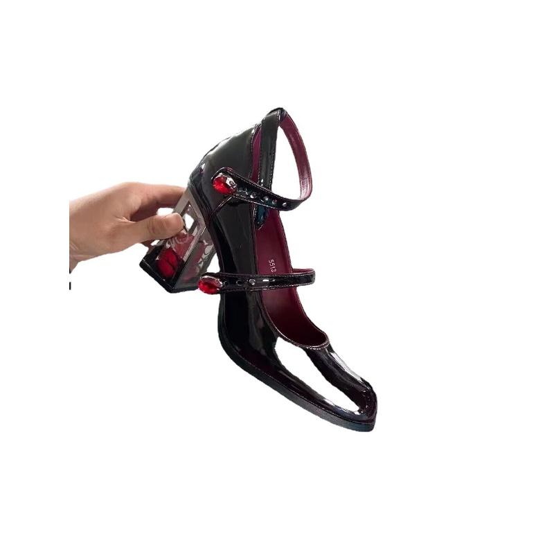 British Shallow Mouth Thick Heel High Heels Women's Spring New Round Head Mary Jane Single Shoes Patent Leather Women's Shoes