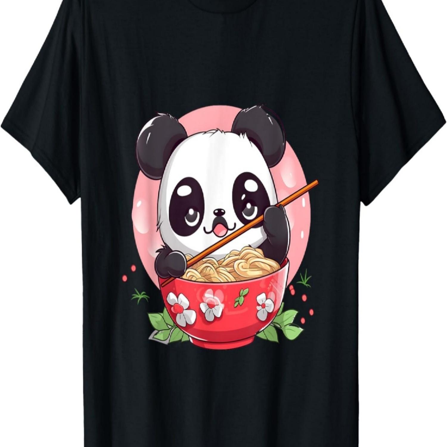 Otaku Kawaii Anime Panda Eat Ramen Noodles Cherry Blossom T-Shirt(13) S