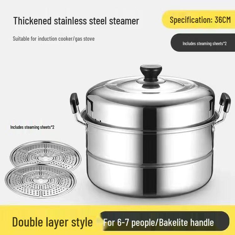 Thickened Stainless Steel Dual-Layer Steamer Pot, 28cm-40cm - Versatile for Steaming Buns, Fish, and Soup, Compatible with Induction Cookers.