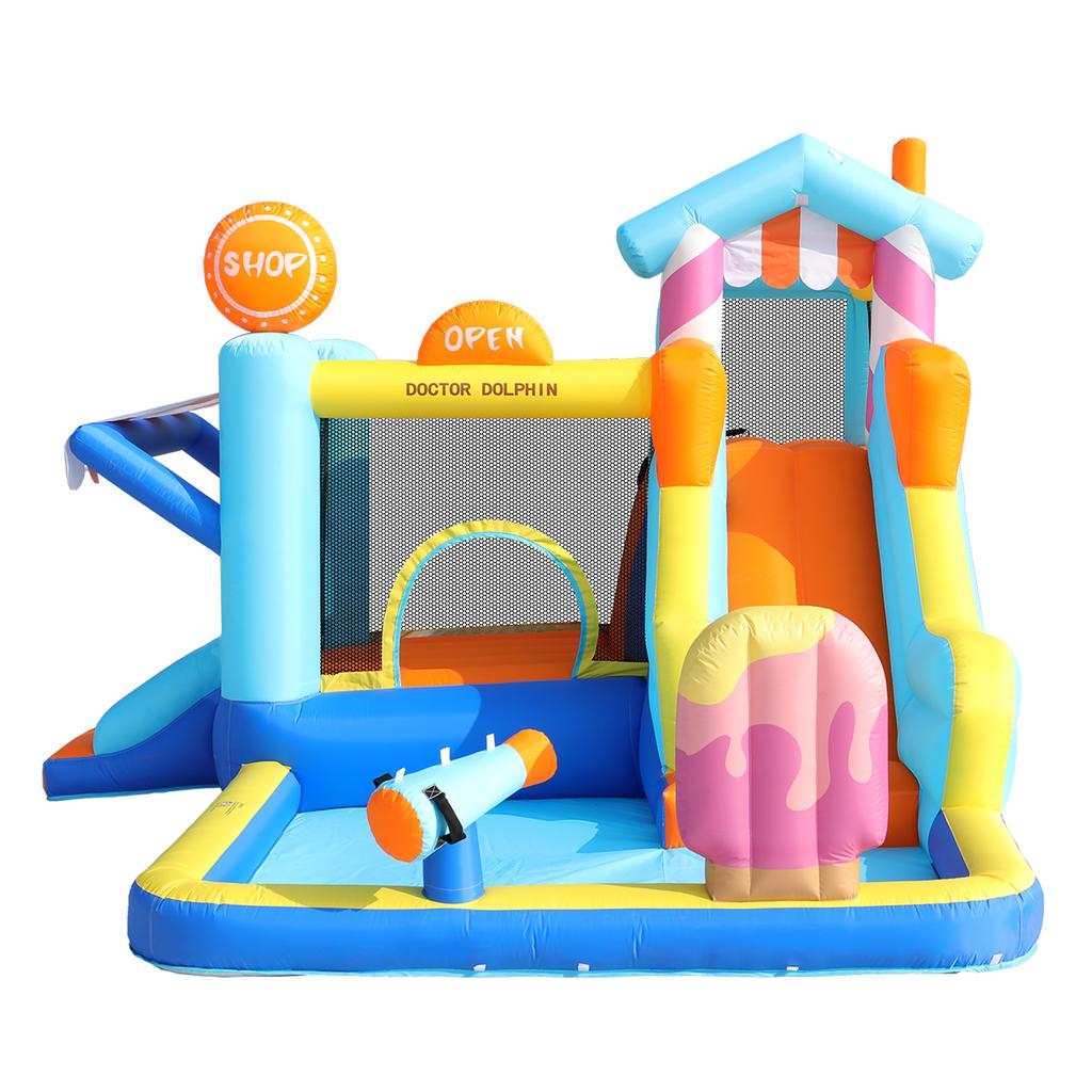 [With Blower] Children's Bounce House, Multifunctional Outdoor Water Park + Trampoline, Water Slide, Small Slide, Fountain, Water Guns, Store Awning