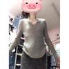 Gray Neck Knitted Sweater Spring Lazy Style Versatile Slim-fitting Long-sleeved Inner Top Women's Bottoming Shirt
