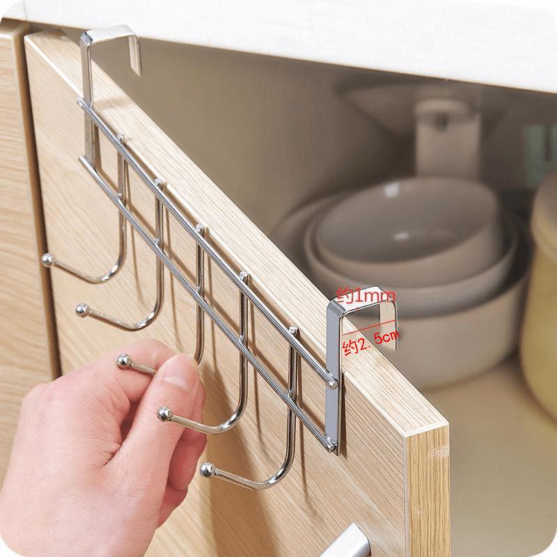 Stainless Steel Over-Door Five-Hook Rack for Kitchen Cabinets - Punch-Free Towel and Clothes Holder.